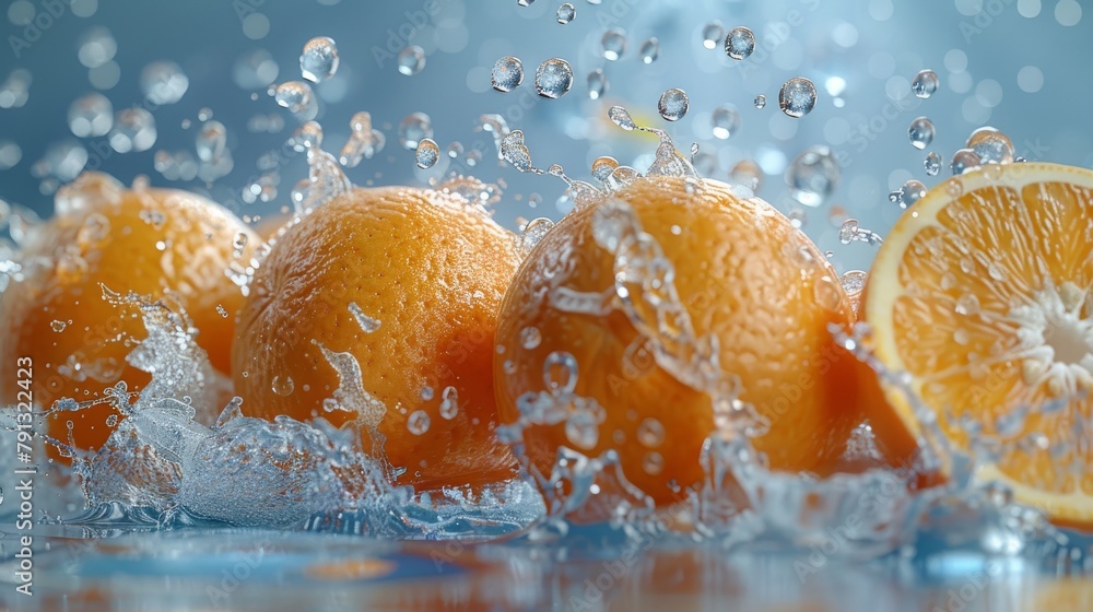 A close up of oranges with water splashing around them A close up of oranges with water splashing around them