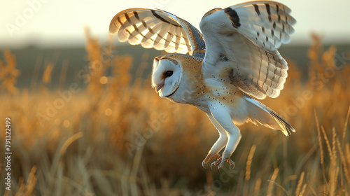 A majestic Barn owl swooping down in mid-flight, ready to strike its target, with the picturesque landscape of the Czech Republic in the backdrop.