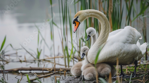 Two adult swans tenderly caring for their fluffy cygnets, nestled safely among the reeds on the shore of a serene pond.