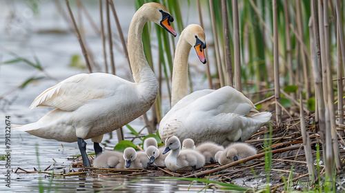 Two adult swans tenderly caring for their fluffy cygnets, nestled safely among the reeds on the shore of a serene pond.