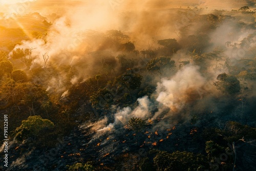 Wildforest fire burning forest trees eecological disaster smoke aerial view from helicopter danger death animals damage hazard blaze pollution tragedy