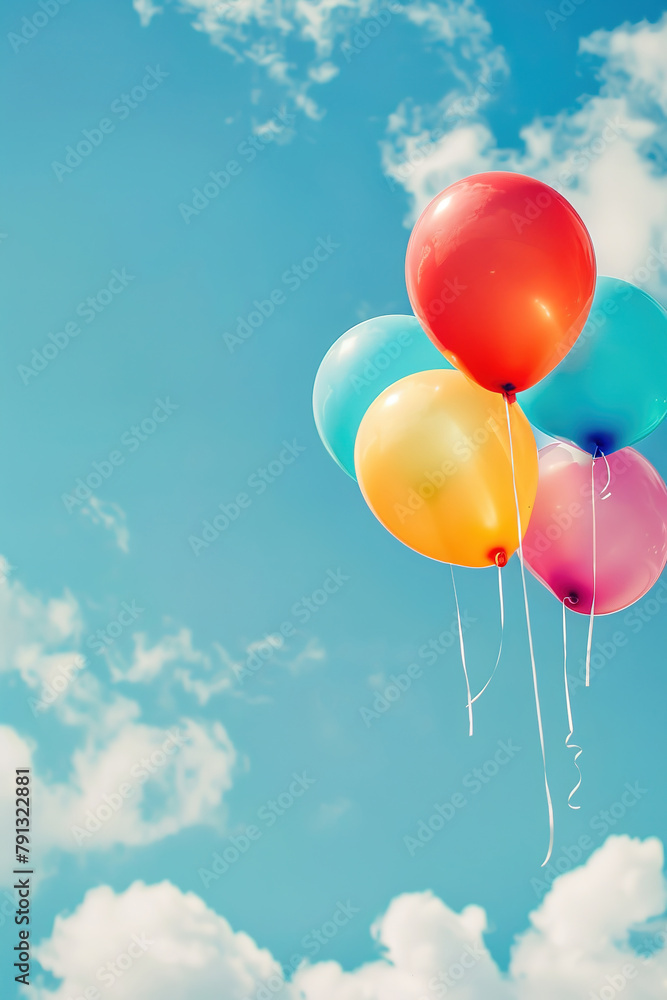 Colorful balloons floating in a bright blue sky with fluffy clouds. Colorful balloons floating in a bright blue sky with fluffy clouds.