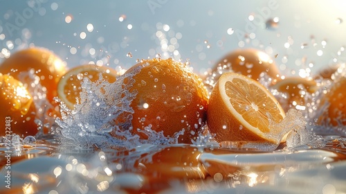 A close up of oranges with water splashing around them