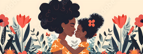 Mother's Day banner featuring a person of color mother and her child. It is a digital art illustration with pastel colors, celebrating the special occasion with love and joy. photo