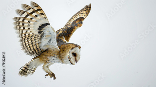 A Barn owl in flight moments before attacking its prey, set against a clean background in the Czech Republic.