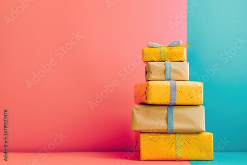 Stacked birthday presents against a vibrant backdrop. photo
