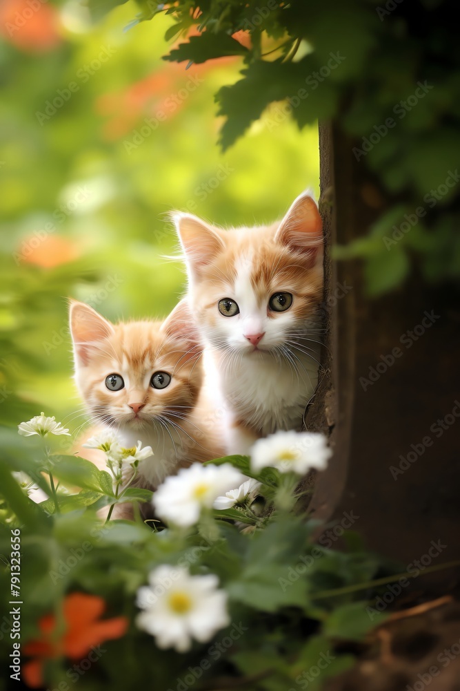 Kitten exploring a garden, peeking through lush green plants, with the adult cat watching over protectively from behind Kitten exploring a garden, peeking through lush green plants, with the adult cat watching over protectively from behind
