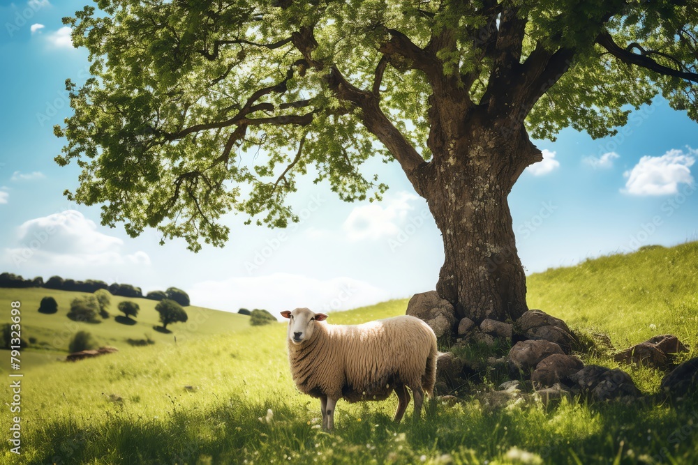 Obraz premium Woolly sheep standing under a large tree, providing shade on a sunny day, picturesque farm landscape