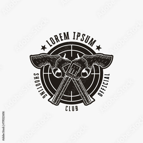 Vintage rough hand drawn shooting club logo, hunter logo, hand gun logo icon vector template on white background