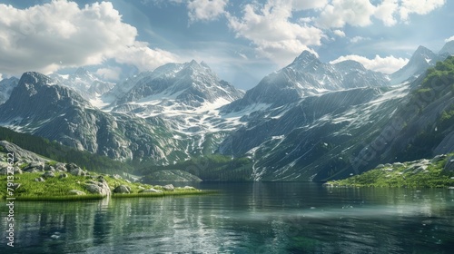 A tranquil alpine lake nestled amidst snow-capped peaks, its emerald waters reflecting the surrounding mountains and the azure sky above, with a lone boat drifting on the surface. © Khalif
