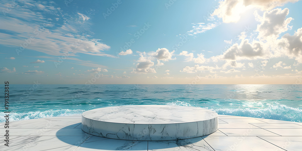 Stage podium in blue ocean, Summer stage with a stone cylindrical podium on the water