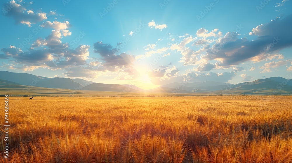 A field of golden wheat with a bright sun shining down on it