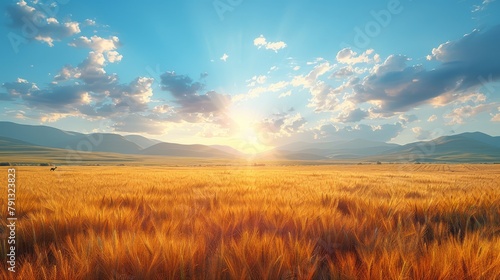 A field of golden wheat with a bright sun shining down on it