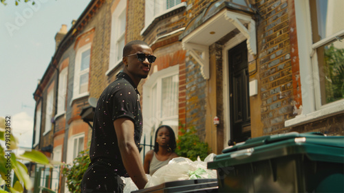 cinematic shot from opposite house, looking across the street, 28 year old black man with no beard wearing sunglasses hoodie taking out the bins in front of a south london terrace house summer evening photo