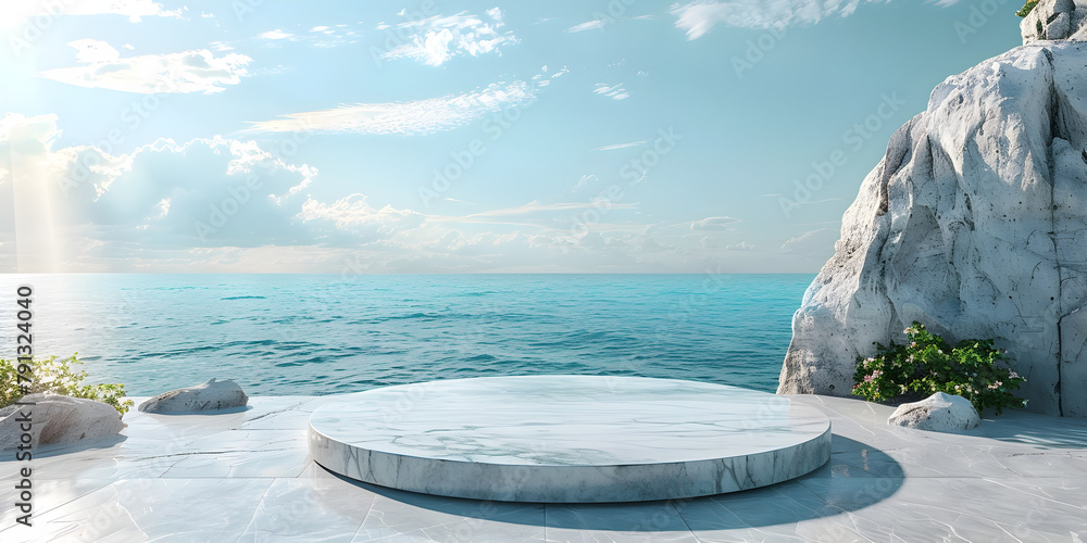 Elegant White Marble Podium Overlooking The Stunning Sea, Beige stone podium with wavy sea background
