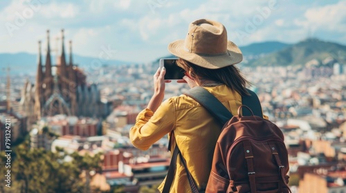 Rear view woman traveler at city building background make photo on smartphone