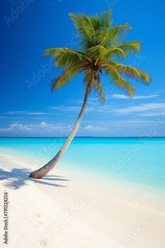 Tranquil paradise beach with crystal clear turquoise waters, white sand, and a lone palm tree, perfect for relaxation