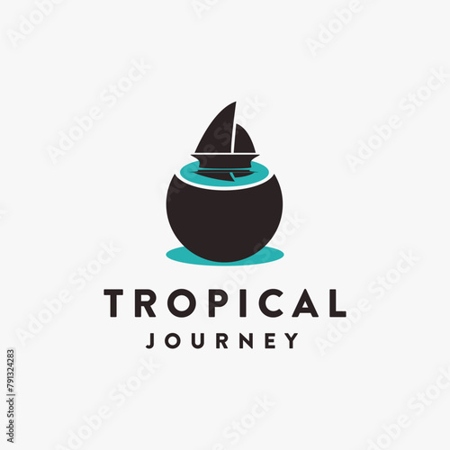 Sail boat and coconut logo, tropical journey logo icon concept on white background
