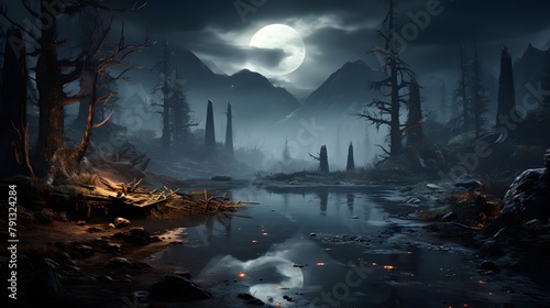 Fantasy landscape with river and forest at night. 3d rendering © Iman