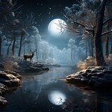 Deer in the forest at night with full moon. 3d illustration