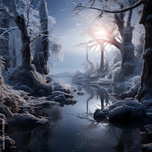 Fantasy winter landscape with frozen river and forest. 3d rendering