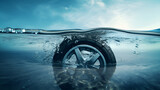 Pile of dirty garbage car tires and waste trash under sea water pollution background
