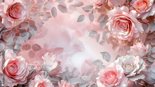 A frame of pink roses with white and pink flowers on it. 