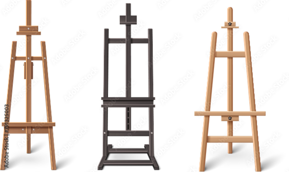 Easel blank stand frame mockup for painting vector. Isolated 3d wooden tripod for picture. Empty artist exhibition space equipment set on white background. Different creative studio object bundle Easel blank stand frame mockup for painting vector. Isolated 3d wooden tripod for picture. Empty artist exhibition space equipment set on white background. Different creative studio object bundle
