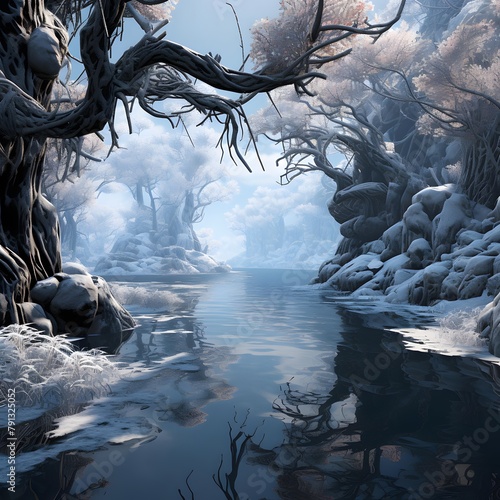 Fantasy winter landscape with frozen lake and trees. 3d illustration