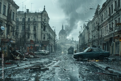 Quite empty apocalyptic city extinction war disaster post apocalypse hell town smoke fog gray lifeless land destroyed buildings ruins dead skyscrapers rubble loneliness streets ruined