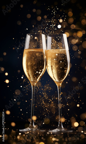 Glasses of champagne on dark background with bokeh effect and copy space