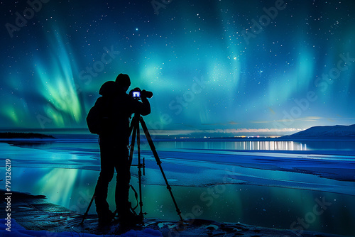 A man is taking a picture of the aurora borealis