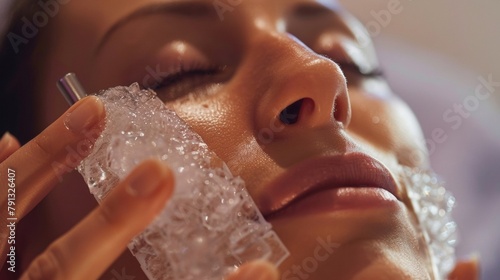 Applying a heat wrap to sore muscles while using an ice roller on the face to reduce puffiness and improve complexion. . photo