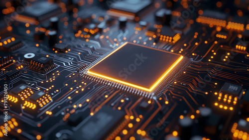 Macro shot of a central processing unit with glowing orange neon lights on a circuit board, symbolizing high-tech computing and electronics