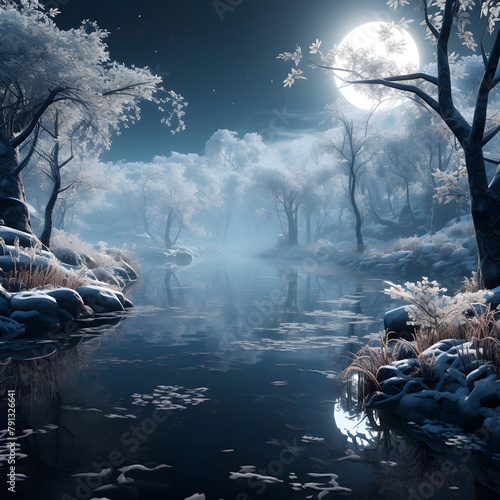 Fantasy winter landscape with a frozen river, trees and moon.