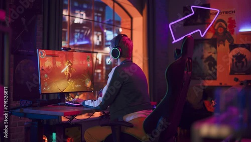 Professional Female Gamer Playing an Online Video Game in a Vibrant, Neon-Lit Room, Showcasing Intense Gameplay. Young Woman Playing on a High-Tech Gaming Setup