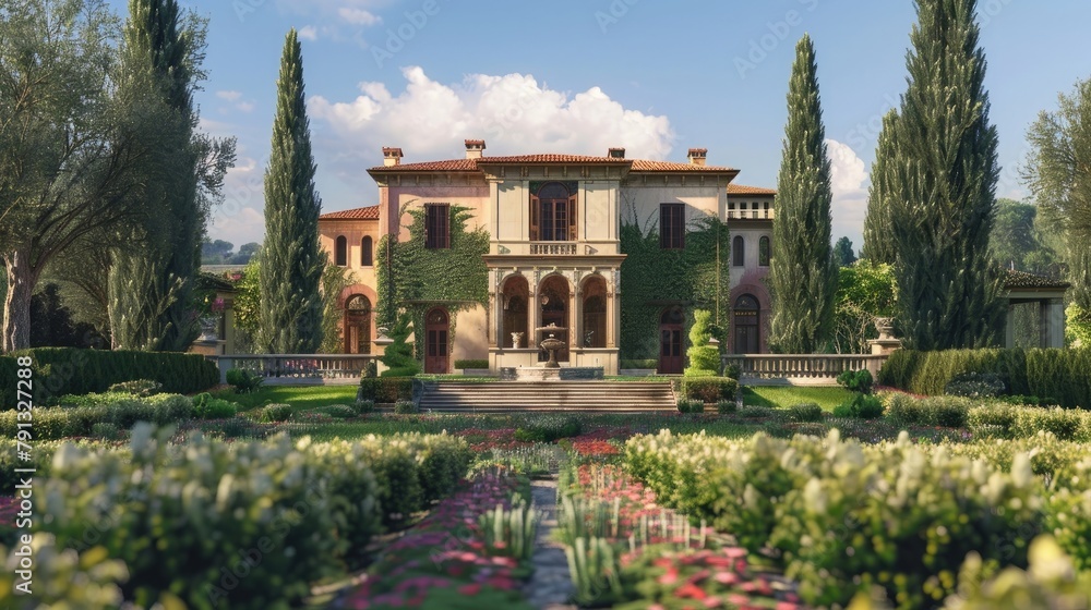 A timeless European estate surrounded by vineyards and olive groves, featuring classical architecture and manicured gardens that transport 