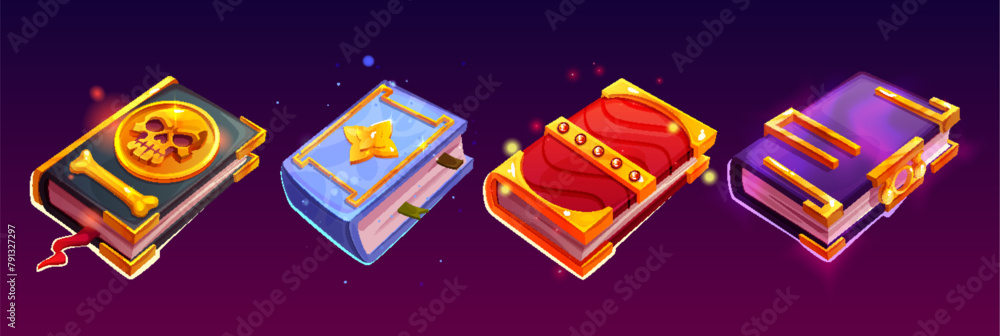 Magic books for game ui design. Cartoon vector illustration set of closed fantasy wizard literature with hardcover decorated with gold and gem stone. Ancient alchemy or witch grimoire with glow effect - obrazy, fototapety, plakaty 