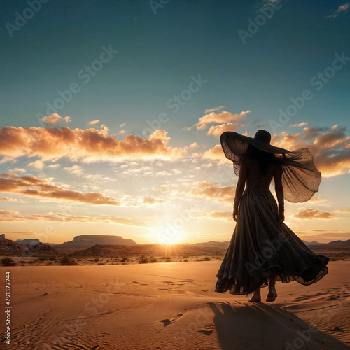 woman in hat silhouette over beautiful desert landscape photo