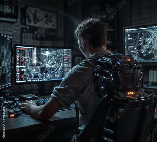 boy creating a game or AI on the computer. Future Teenager photo