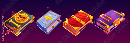Magic books for game ui design. Cartoon vector illustration set of closed fantasy wizard literature with hardcover decorated with gold and gem stone. Ancient alchemy or witch grimoire with glow effect © klyaksun