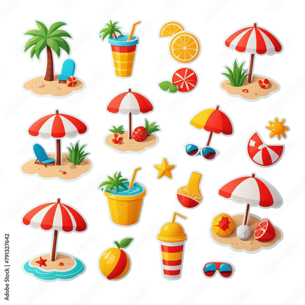 Set of cute vector summer stickers on Isolated transparent background png. generated with AI