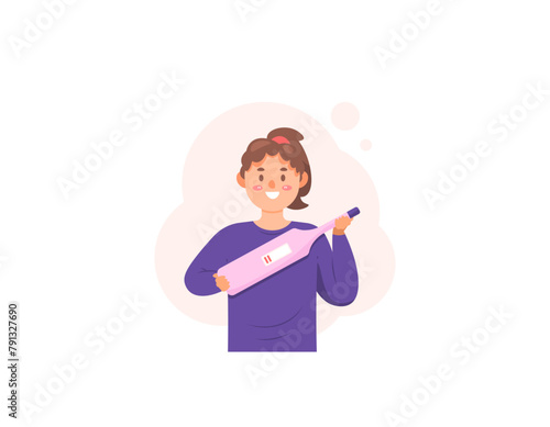 a woman is happy because the test pack results are positive. woman holding pregnancy test kit. positive pregnant. happy expression. flat style character illustration design. graphic elements