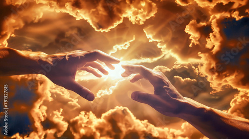 Two hands from different people are reaching towards each other against a backdrop of dramatic cloudy sky