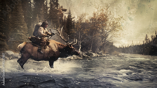 A daring hunter rides a moose across a river, showcasing an unusual and thrilling mode of transportation. Retro photography photo
