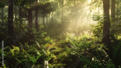 A tranquil forest glade bathed in the soft glow of morning light  with dew-kissed ferns carpeting the forest floor and sunlight filtering through the canopy above 