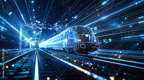 A modern passenger train with neon lights travels through a bustling city at night, showcasing a futuristic and vibrant urban scene