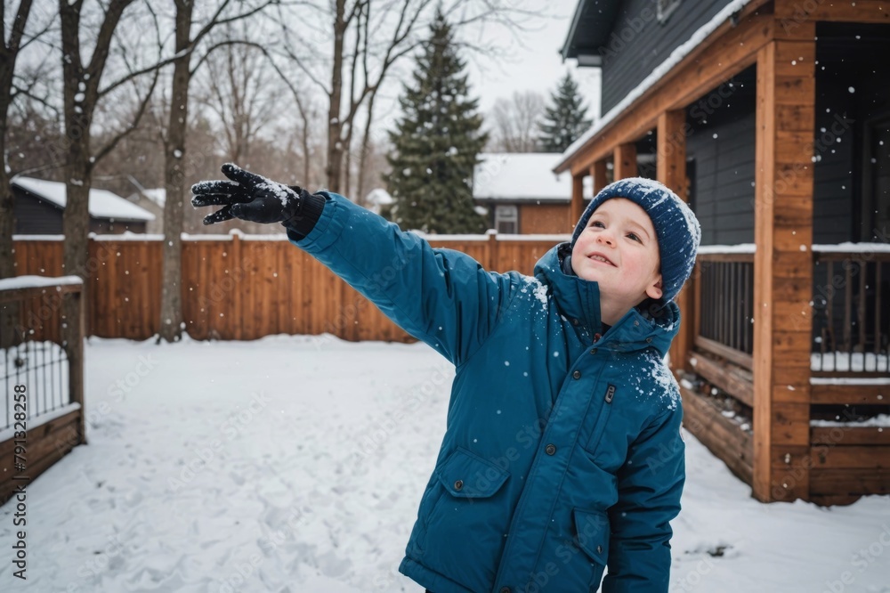 boy catching snow in backyard on snow day in winter boy catching snow in backyard on snow day in winter