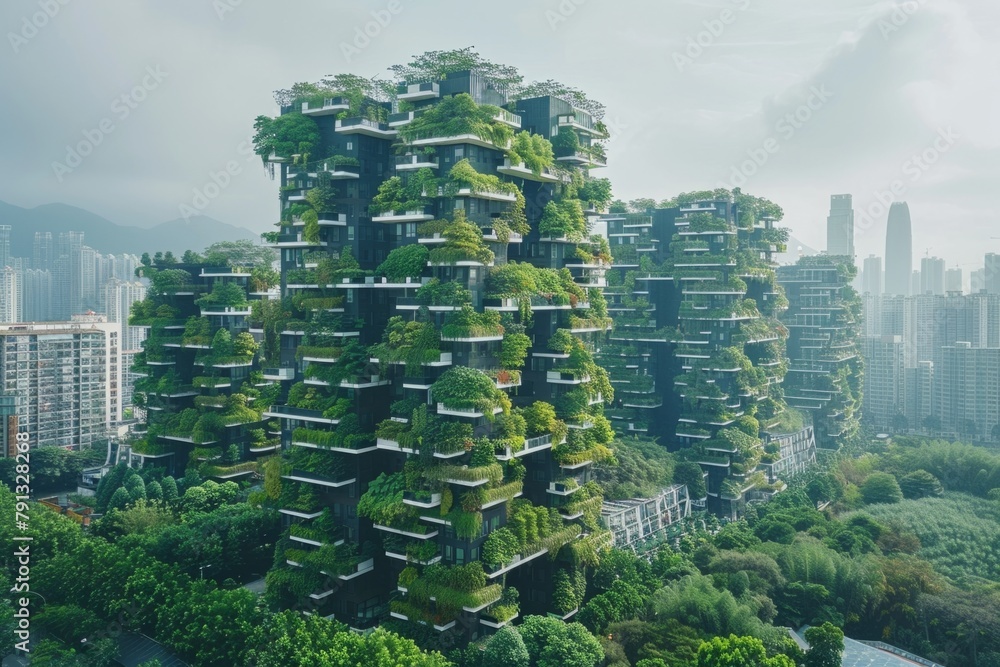 Environmentally friendly green city architecture skyscraper design urban planning nature leaves trees plants oxygen producing vertical garden eco-aware buildings tall modern town buildings