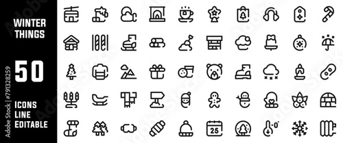 50 Winter Things Icons Set Line Editable Vector Illustration